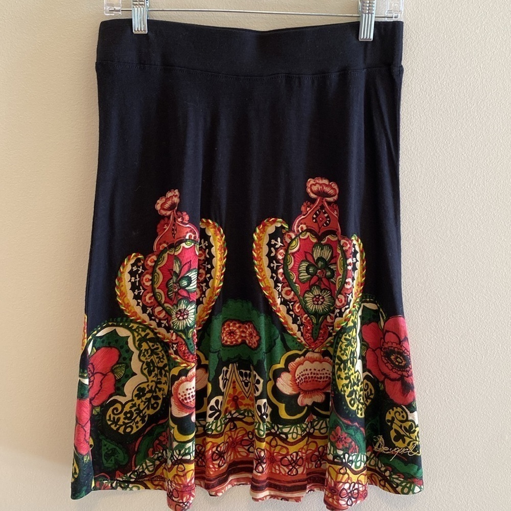 Desigual Jersey Bold Embellished Black Skirt Jewel Colors Size Medium